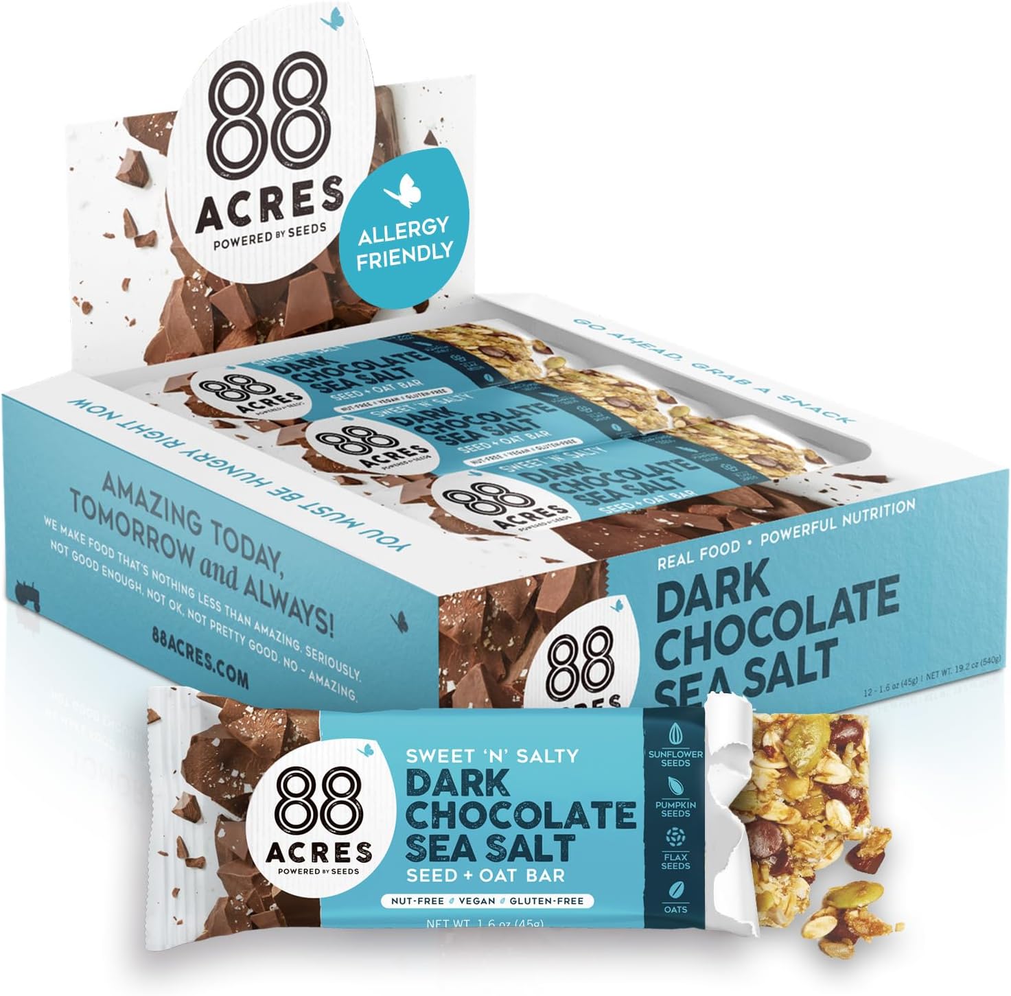 88 Acres Granola Bars, Dark Chocolate Sea Salt, 12 Count, School Safe, Allergen Free Seed & Oat Snack Bar, Gluten & Nut Free, Vegan, Non-GMO & Kosher, Individually Wrapped