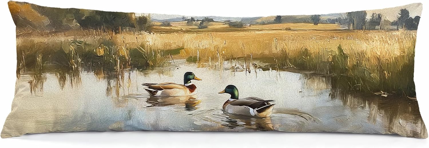 Rustic Mallard Duck Pond 20x54 Body Pillow Cover, Cottage Core Decor, Vintage Countryside Wildlife Duck Decorative Long Body Hug Pillow Cases for Couch Sofa Bedroom Living Room Home Cabin
