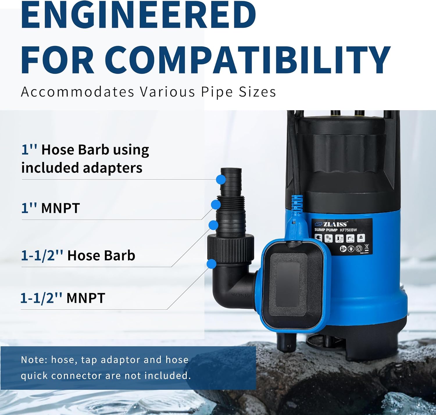 ZLAISS1HP Sump Pump Submersible - 3700 GPH Water Pump with Automatic Float Switch, Versatile For Clean Water, for Pool, Pond,Garden, Flooded Cellar, Aquarium and Irrigation, Medium, Blue, KF750AQ 1HP/3700GPH Clean Water Pump