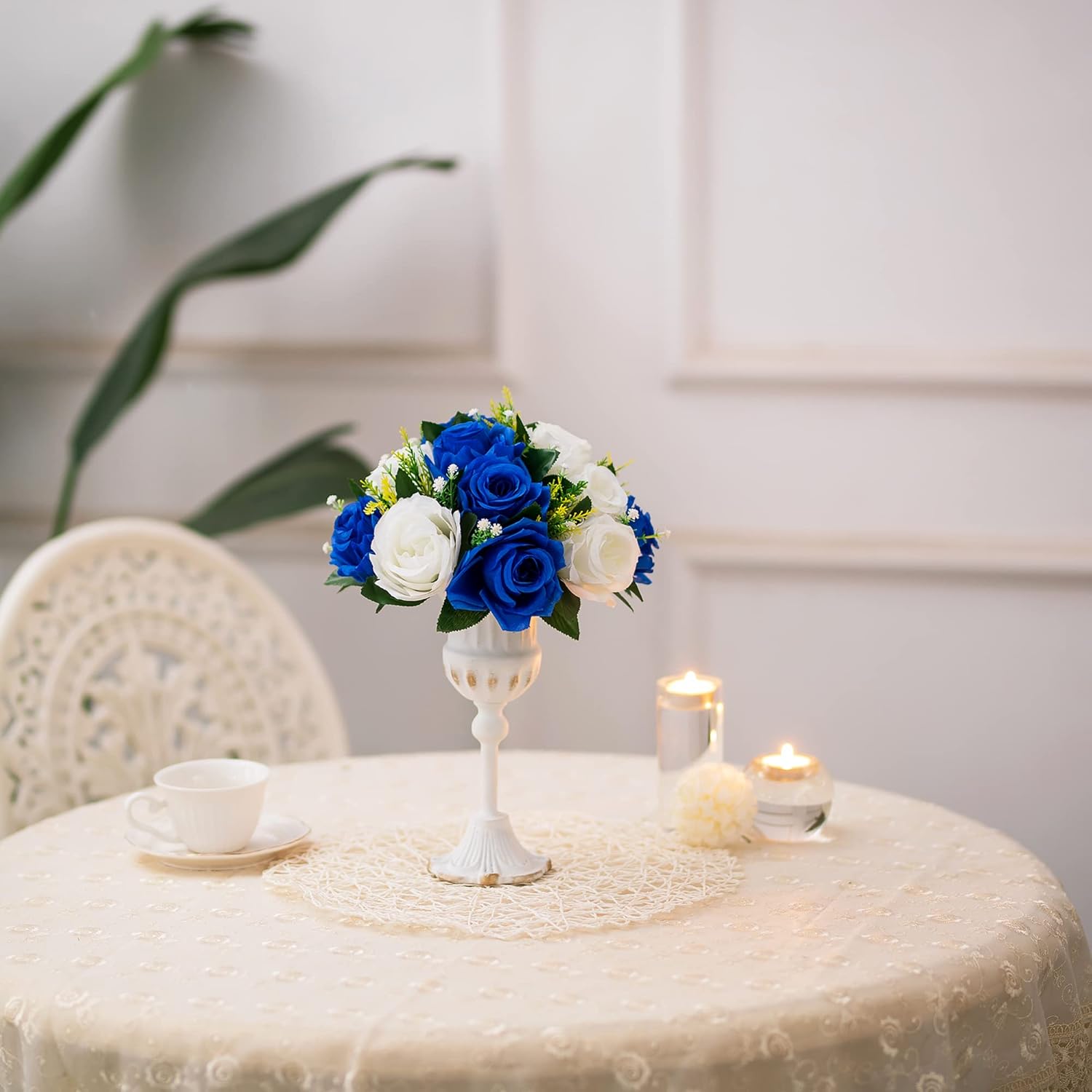 BLOSMON Royal Blue White Flowers: 2 Pcs Fake Roses Flower Balls Centerpiece for Wedding Table - Artificial Silk Kissing Bouquet Floral Arrangement for Home Party Event Decor - Image 6