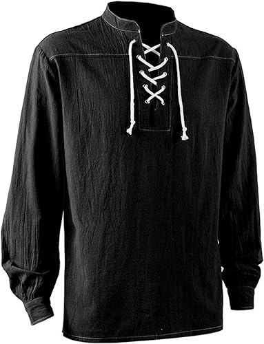 Miniatura 3 de Camisas para hombre, casual, cuello en V, manga larga, algodón y lino, estilo vintage, medieval, sólida, ropa de moda