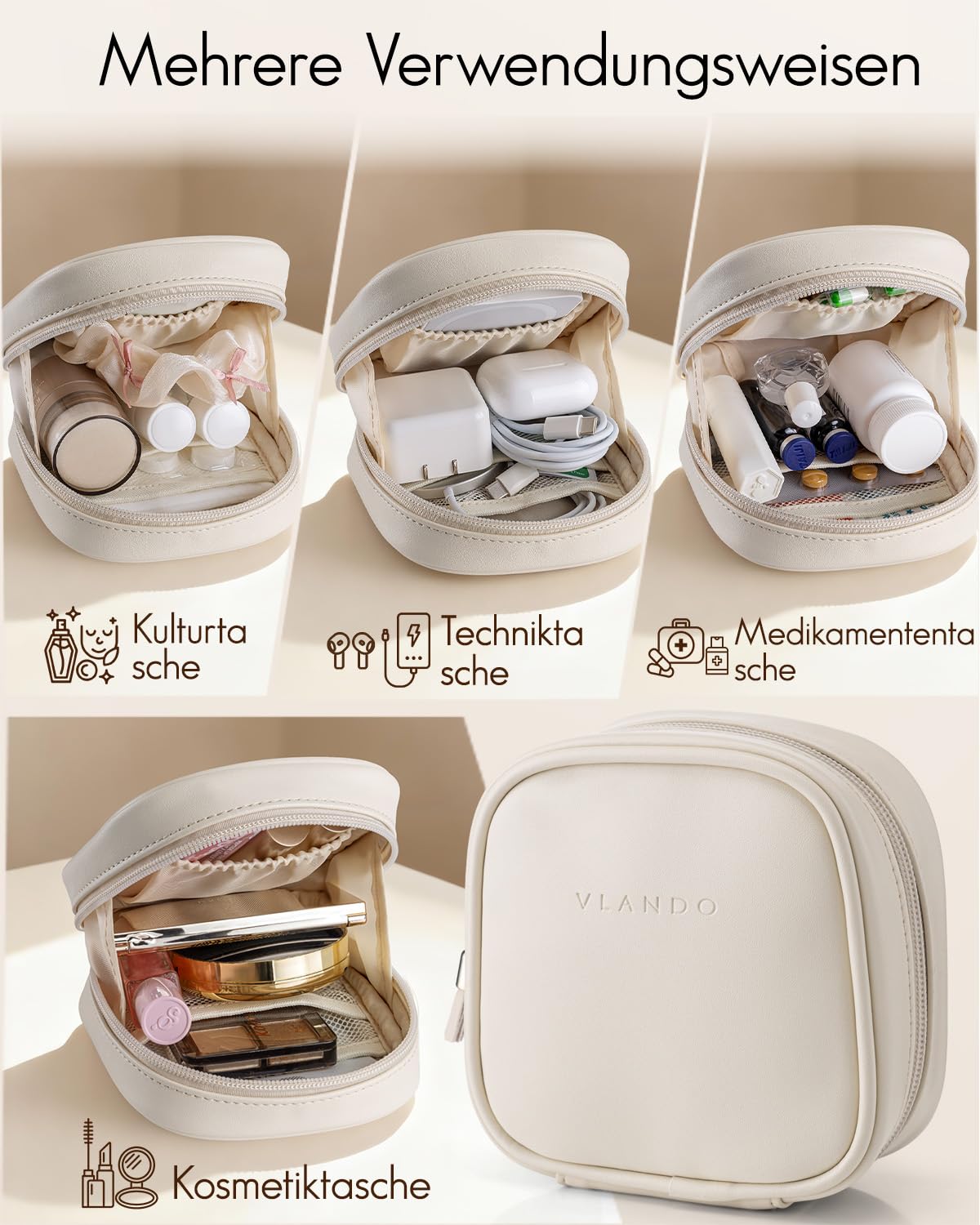 Vlando Kosmetiktasche klein, Make up Tasche für Geldbörse mit Einsteckfächern, Schminktasche Damen mit Reißverschluss, Wasserdichtes Makeup Bag für Frauen