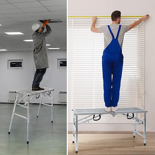 Miniatura 7 de Plataforma de andamio ajustable con capacidad de carga de 600 lb, escalera de acero, plataforma de trabajo plegable portátil para limpieza de RV,
