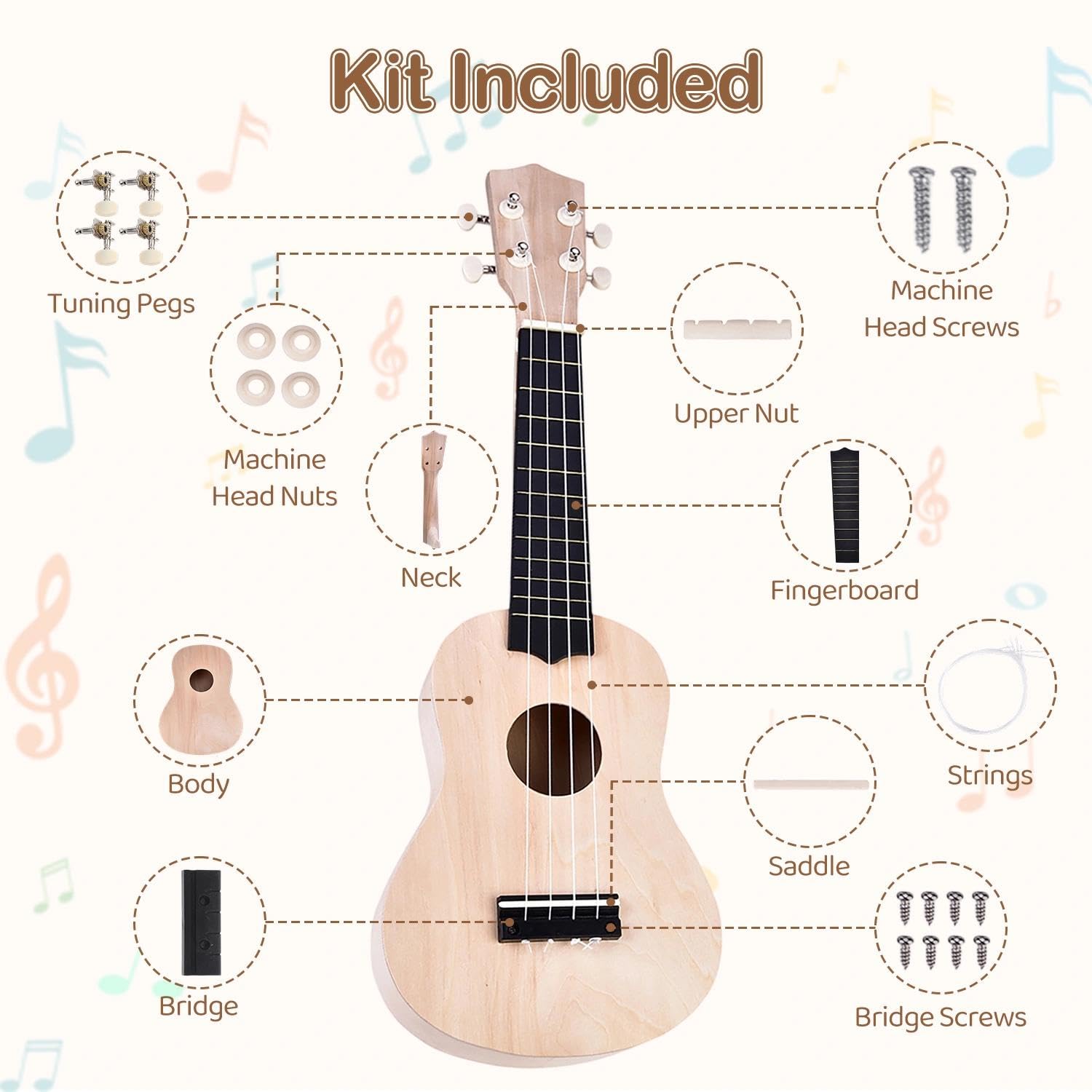 Kit De Ukulélé à Monter Soi-même, 21 Pouces, 4 Cordes, Matériel En Bois De Tilleul, Construisez Votre Propre Ukulélé Non Peint Pour Enfants, Amis Et Famille