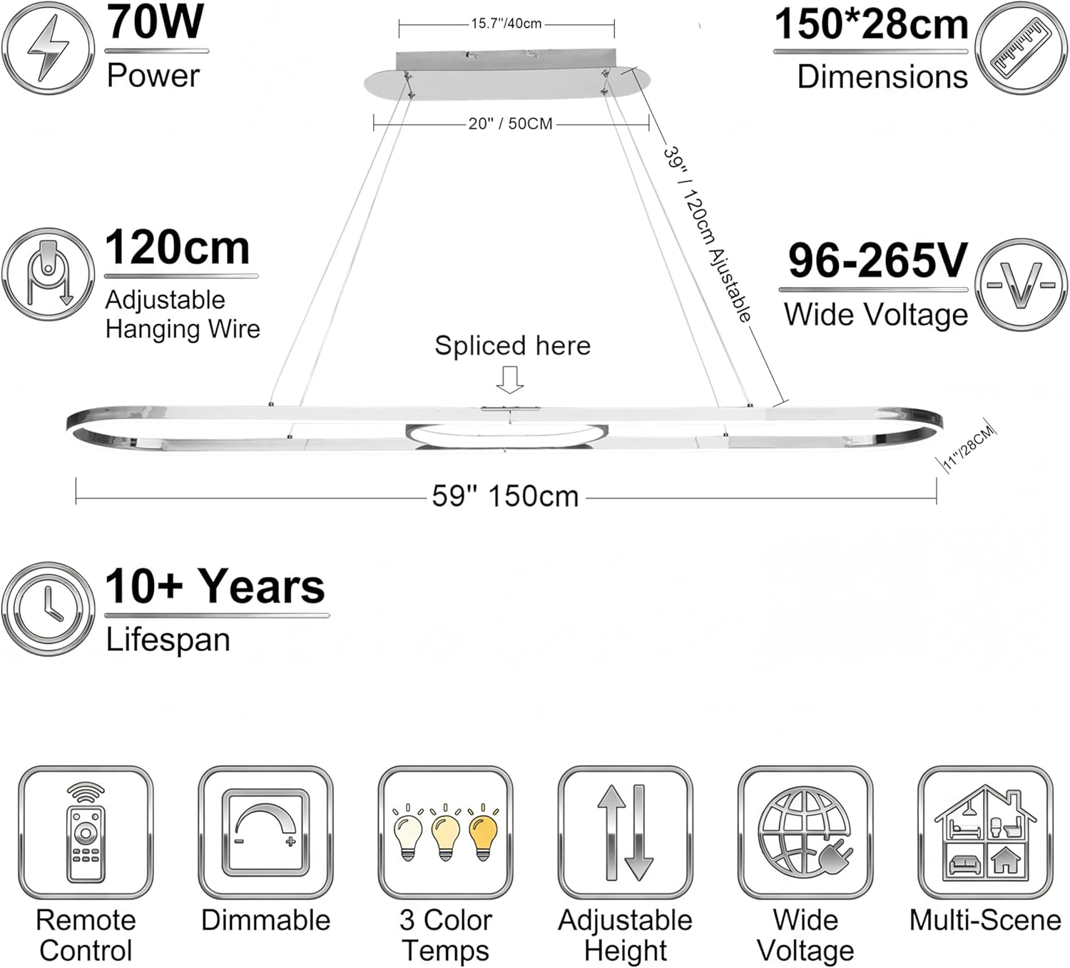 Modern LED Pendant Lights, Dimmable Linear Ring LED Chandelier Lighting, Chrome & Gold Dining Room Hanging Light Fixtures Kitchen Island Pendant Light for Dining Table (Chrome 59''(150CM))