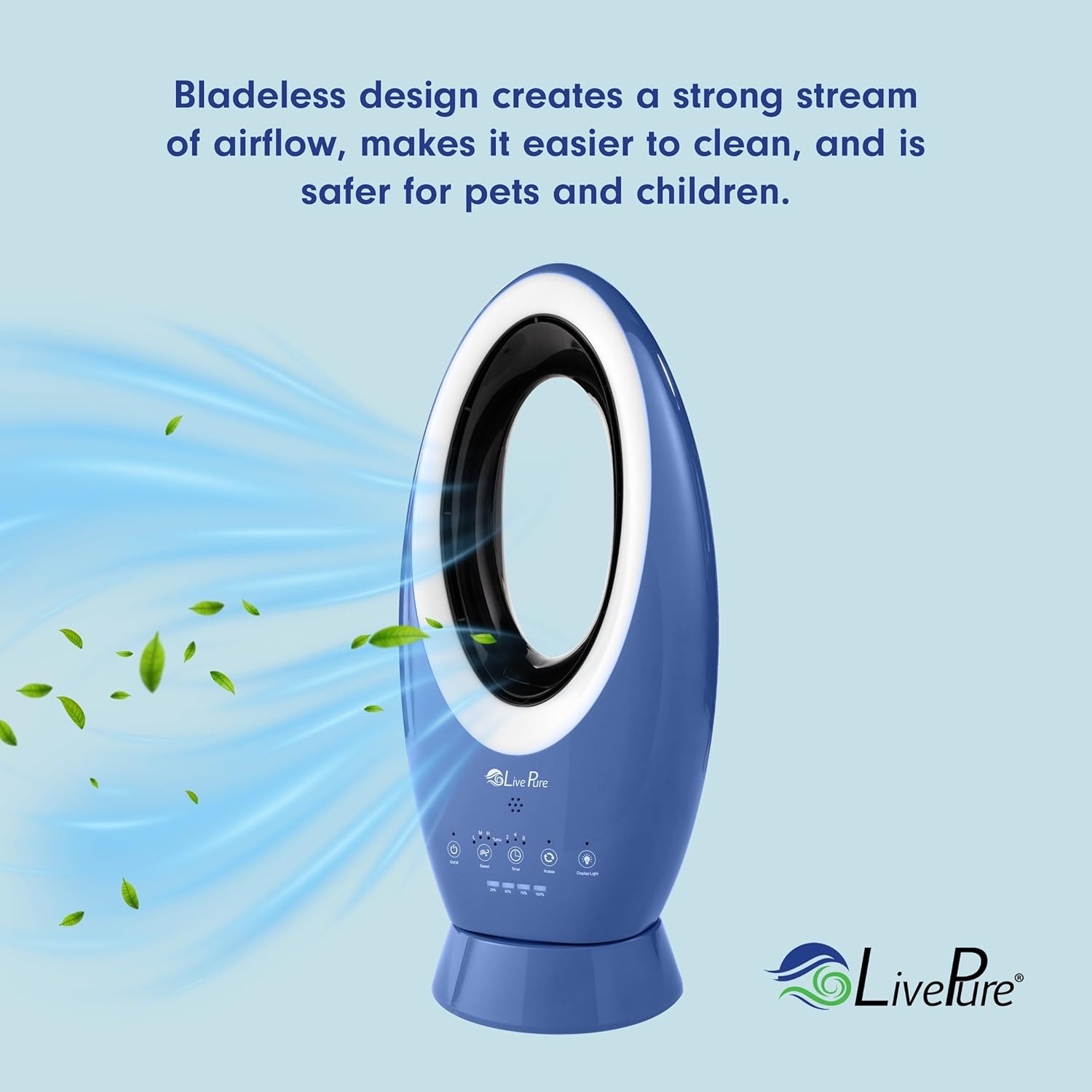 LivePure LP1780 Bladeless Rechargeable Fan with Remote, Sleep Timer, Accent Light. Premium Portable Fan for Bedroom, Garage, Outdoors. Black