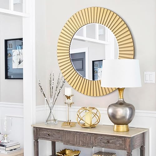 Miniatura 6 de Chende Espejo dorado para decoración de pared, espejo decorativo redondo de 30 x 30 pulgadas con marco de madera, elegante espejo de acento