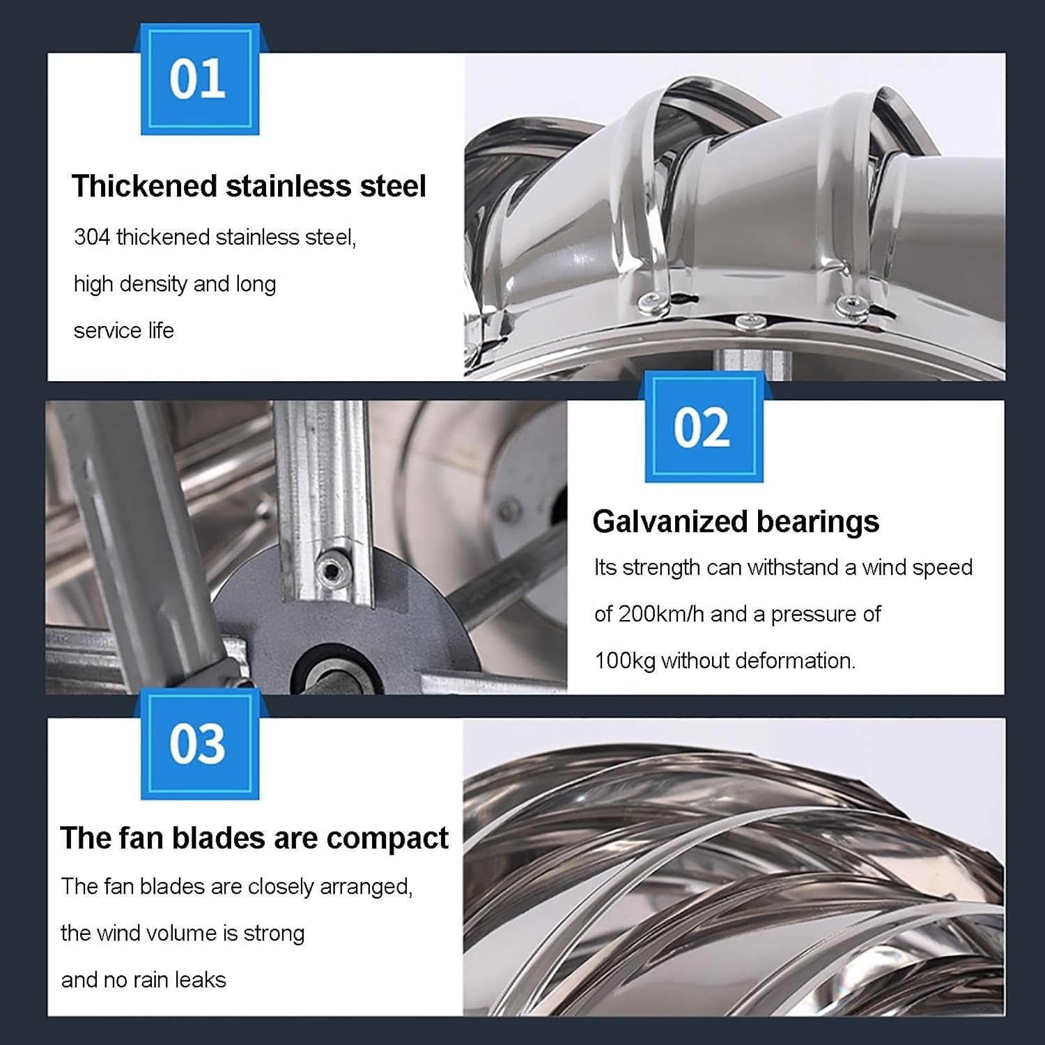 Rotating Ventilator Cap, Wind Rotating Turbines Cap Vent, 304 Stainless Steel Chimney Cowl, Round Rotating Roof Exhaust Heat Dissipation Vents, Zero Consumption, Zero Noise(200mm/7.9in)