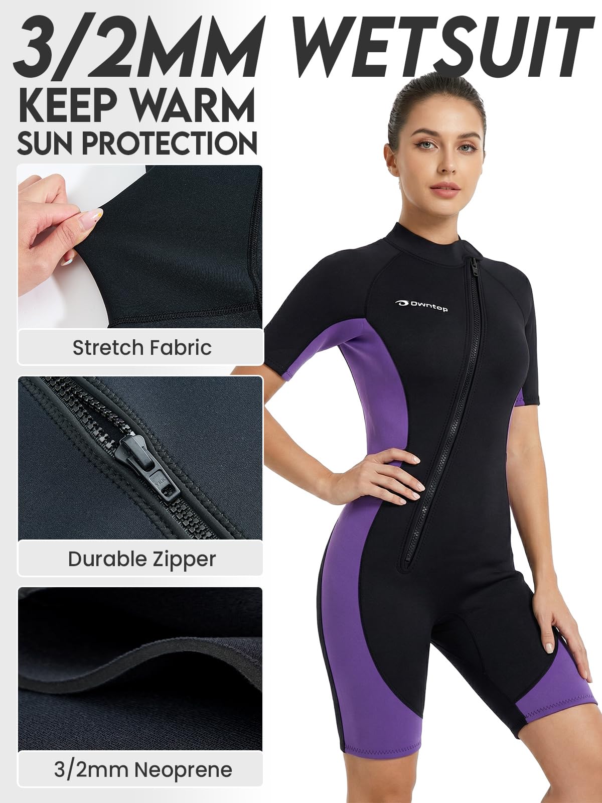 Owntop Muta da donna Shorty 3 mm - Neoprene Shorty con cerniera frontale, a maniche corte per surf, nuoto, immersioni e triathlon - 3