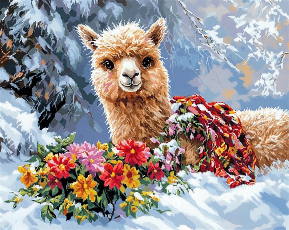 Henypt Stamped Cross Stitch Kits,Alpaca and Flowers in The Snow Cross Stitch Ornament Kits for Adults Beginners, Counted Embroidery Needlepoint Kits Home Decor Adult Craft Kits
