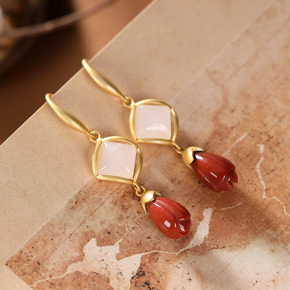 Vintage Largo Aretes De Plata Esterlina S925 Mujeres Ágata Roja Flor Magnolia Geometría Jade Blanco Encanto Elegante De Estilo Chino De Gama Alta De Temperamento Temperamento Don