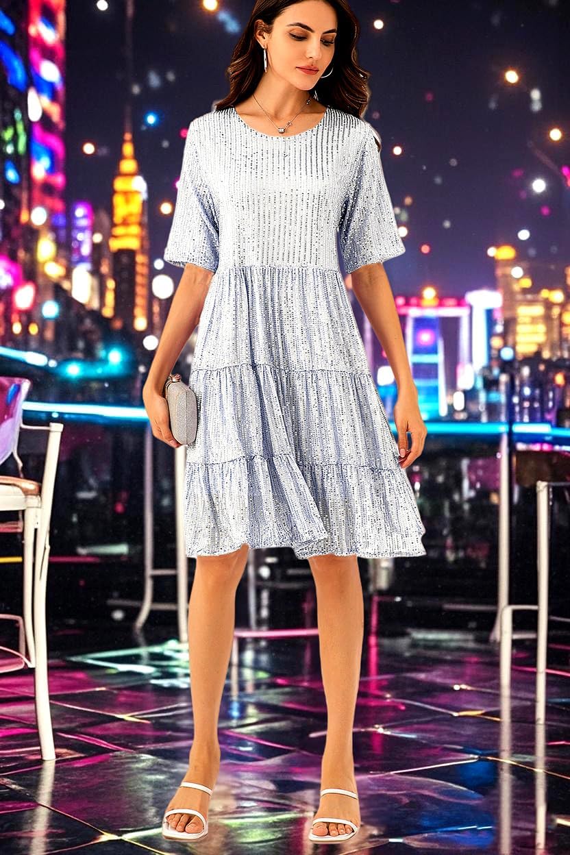 Sequin Babydoll Summer Dress，Sparkly Glitter Dress Short Flowy Tiered Tunic Dress for Women Party Club Night - Image 3