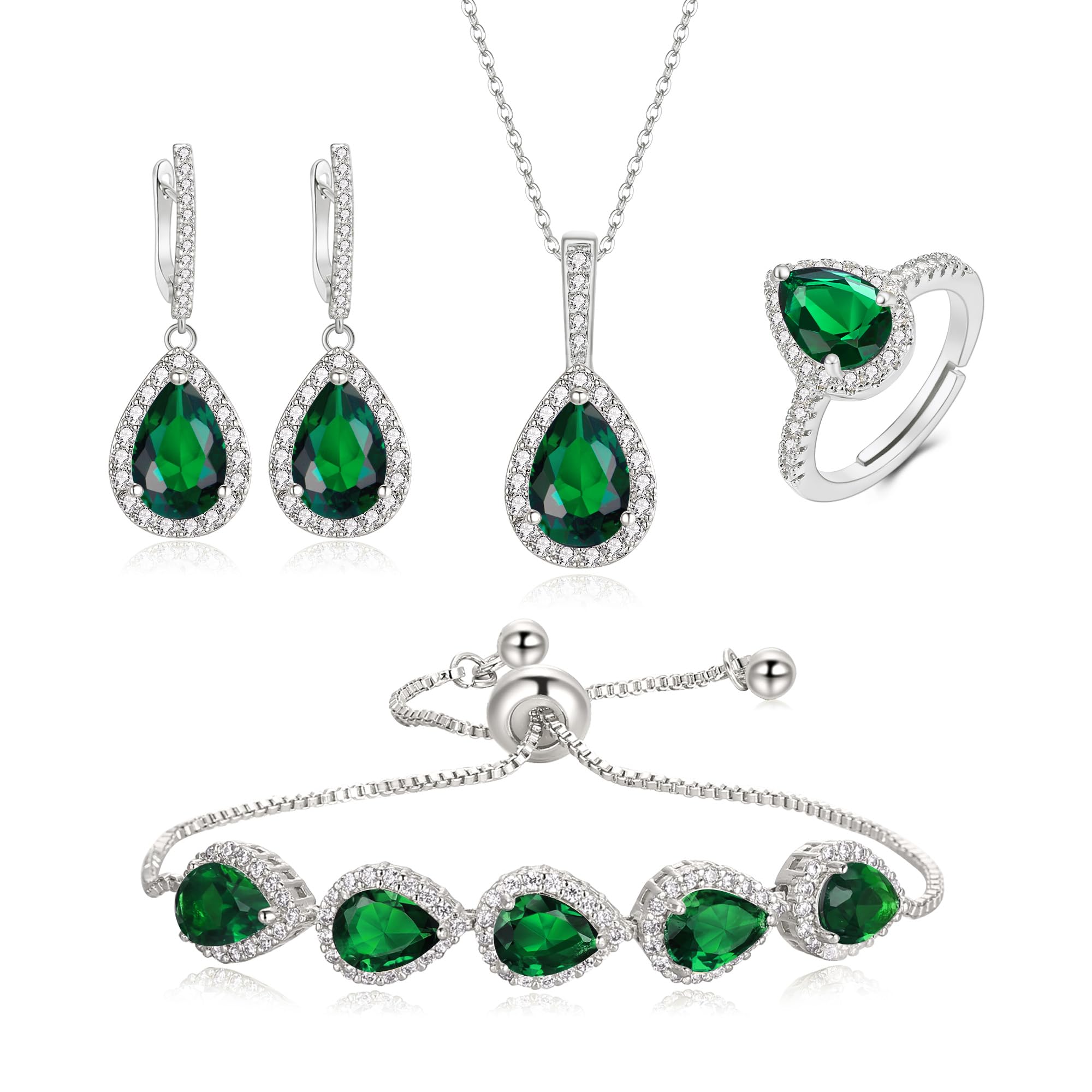 CrysdueWedding Bridal Teardrop CZ Pendant Necklace Open Ring Dangle Earrings Adjustable Slider Bracelet Jewelry Set, Birthday Mothers Day Christmas Jewellery Gift for Women/Mom/Wife