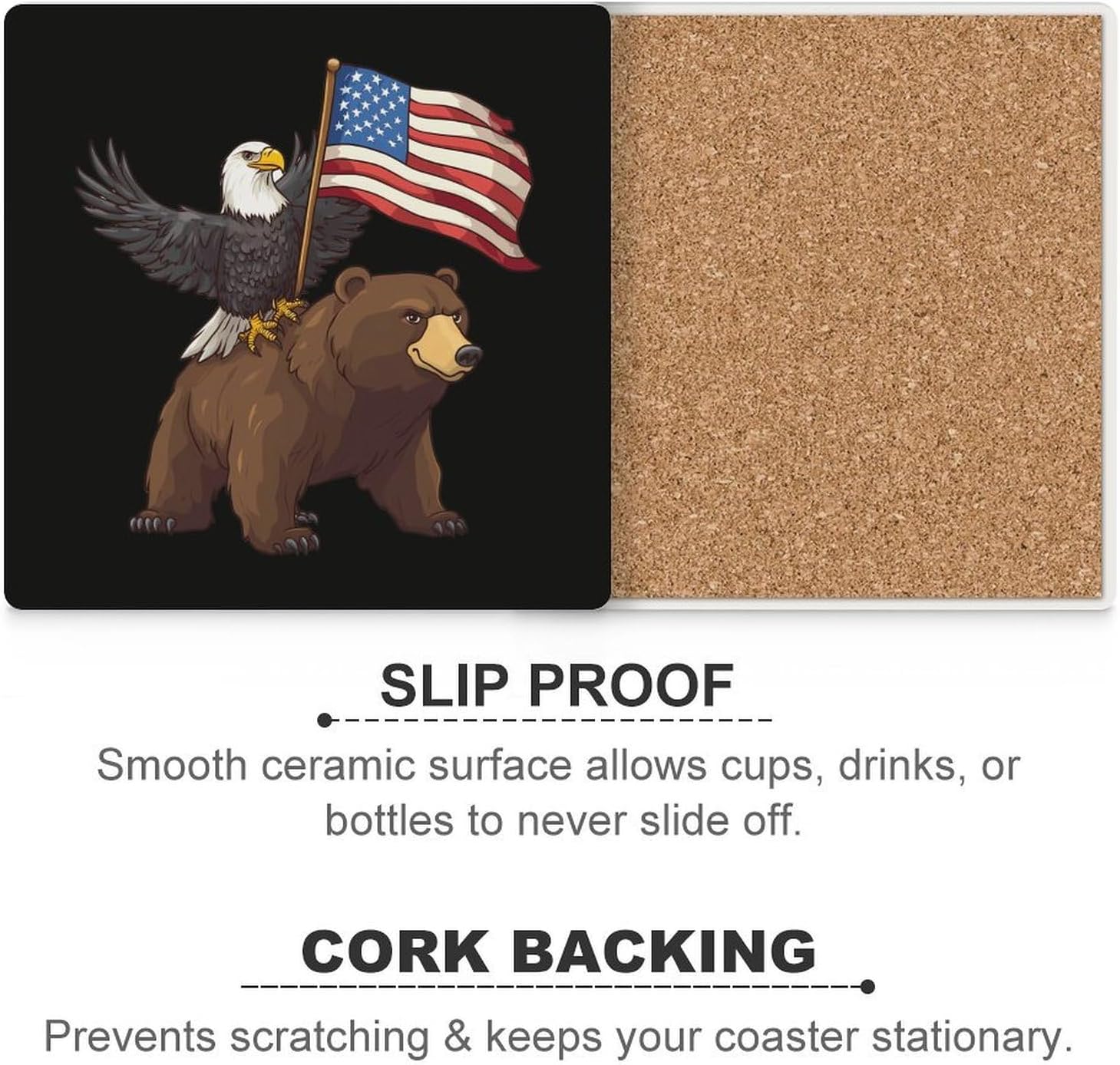 USA Bald Ea-gles Bear Coasters for Drinks Square Table Coasters Set Cup Mats with Cork Base