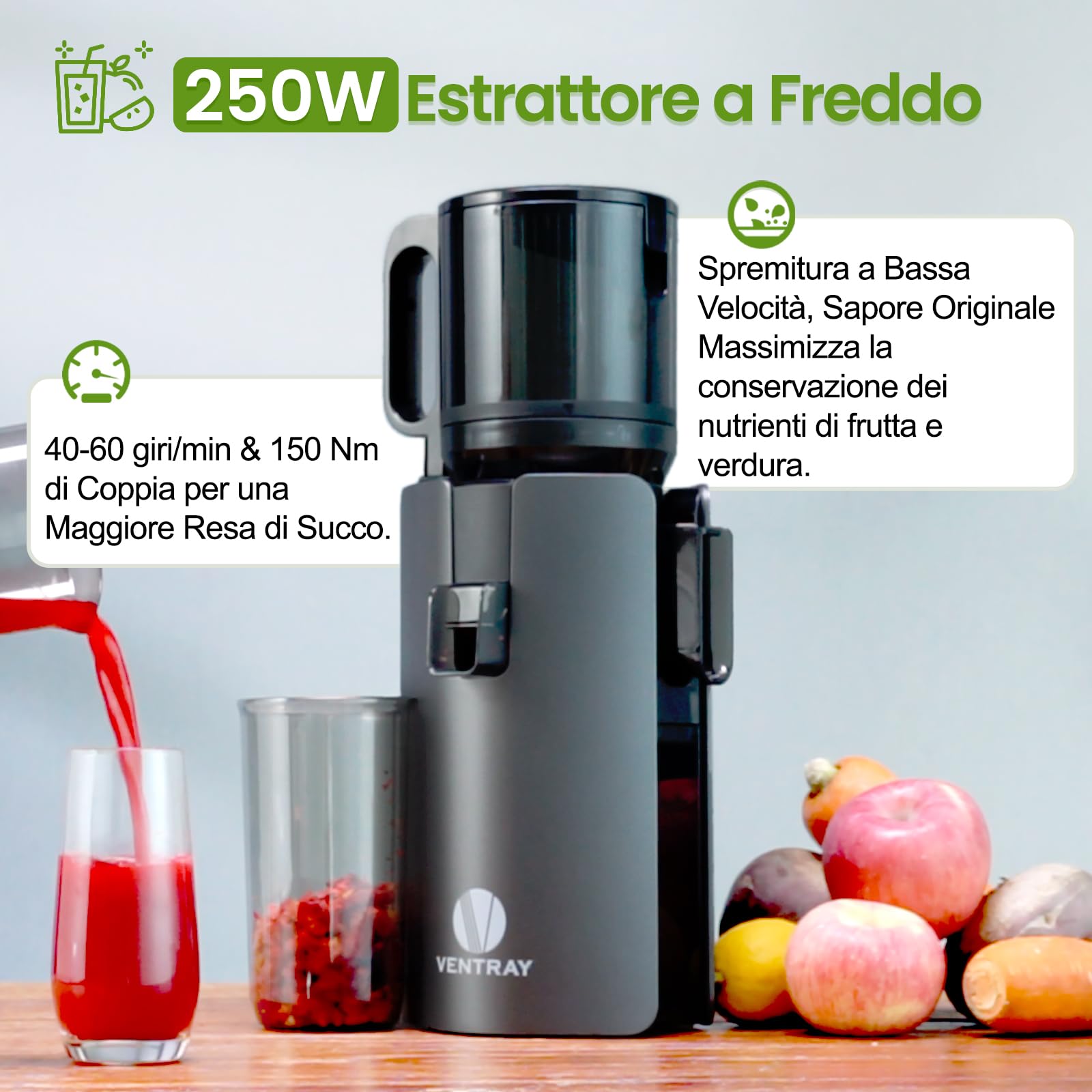 Ventray Estrattore di Succo a Freddo | Bocca Larga 120mm per Frutta e Verdura Intera Senza Preparazione | Sistema a Doppia Filtrazione | Facile da Pulire | 250W | 1.2L | Senza BPA | Nero