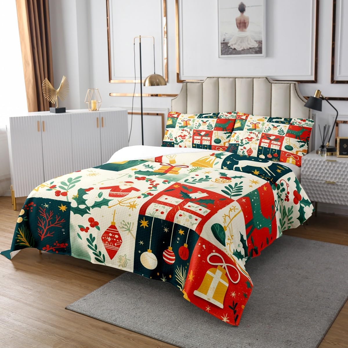 Christmas Santa Claus Bedding Set Twin Size,Christmas Tree Bells Bedspread,Deer Xmas Holly Leaves Flower Comforter Set for Kids Girls Boys Teens,Red Green Grid Coverlet Quilt,1 Pillowcase