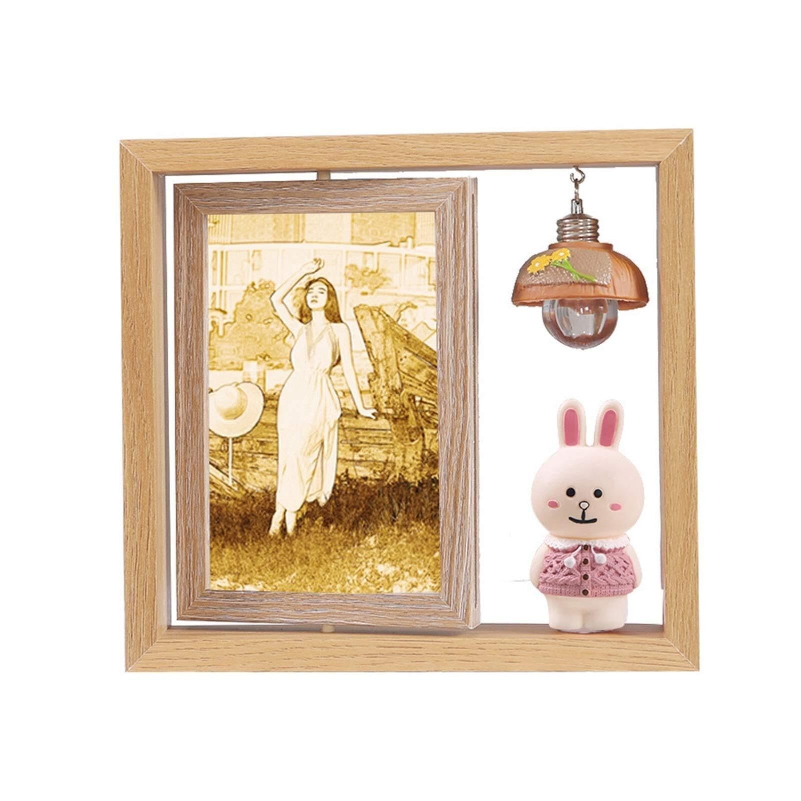 Photo Frames 6 Inches Wooden Photo Frame, Double-sided Rotating With Light 3D Cartoon Pattern Creative Decoration(E)