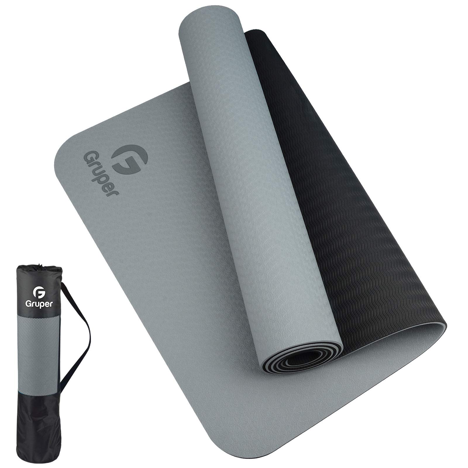 Gruper TPE Yoga Mat,Pro Yoga Mat Eco Friendly Non Slip Fitness Exercise Mat with Carrying Strap,Workout Mat for Yoga, Pilates and Floor Exercises (Premium Gray + Black, Thickness-6mm(1/4 inch)) — image 1