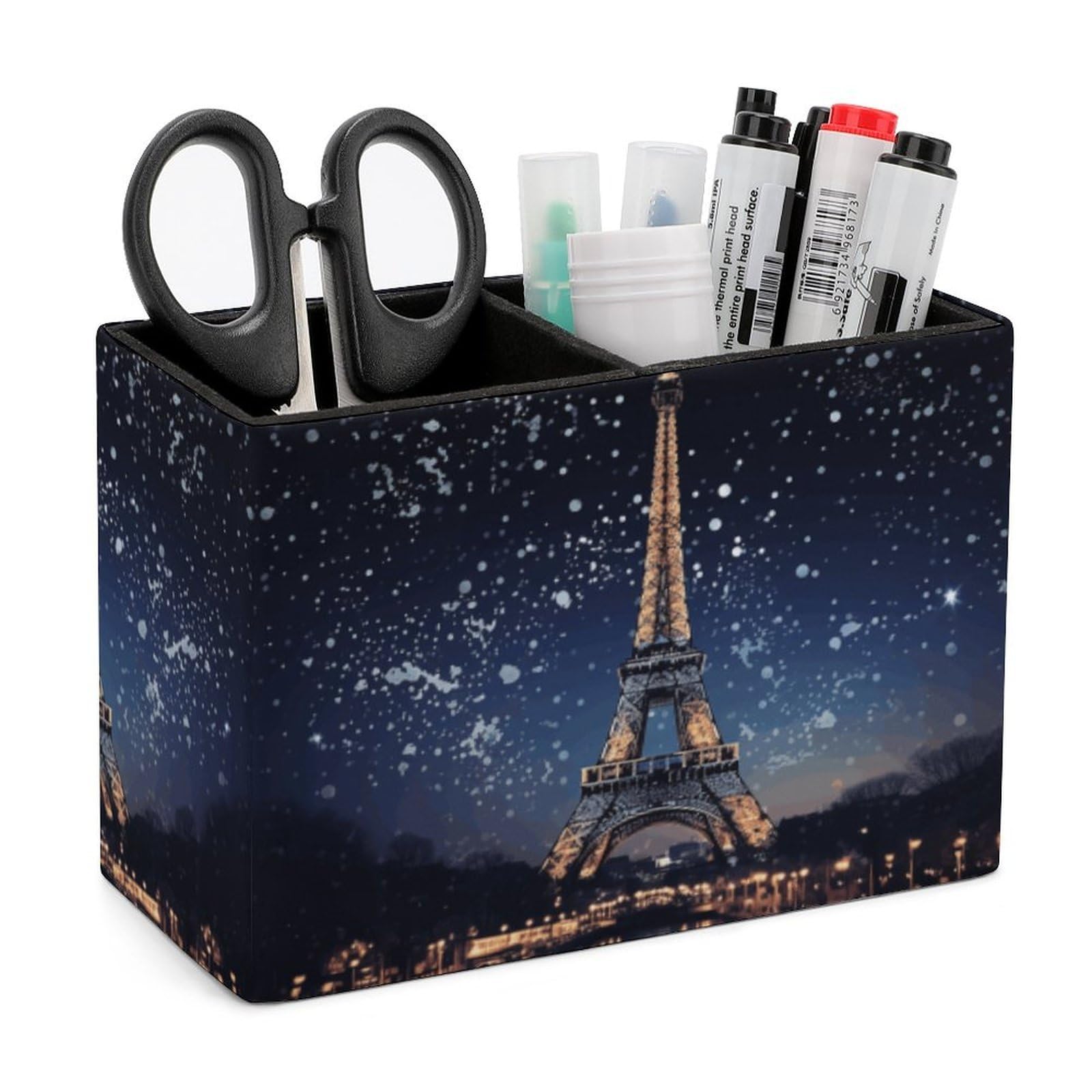 LZQPOEAS Exquisite Patterns PU Leather Pen Holder, Multifunctional Desktop Organizer Caddy with 2 Compartments, Night Paris Eiffel Tower Pencil Cup Makeup Brush Holder for Office Home