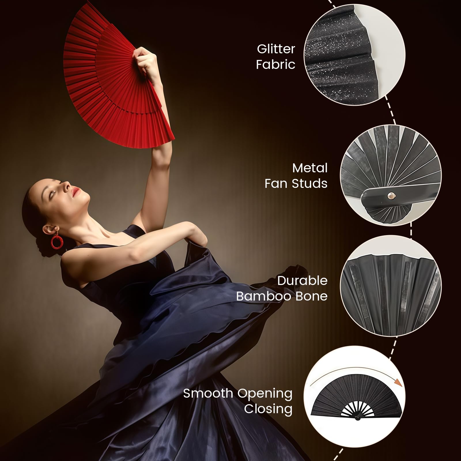 Yamobi Grande Abanico de Mano - Abanico Plegable para Mujeres, 33 cm con Brillo - Negro, Ideal para Festivales EDM, Rave, Fiestas y presentaciones de Baile