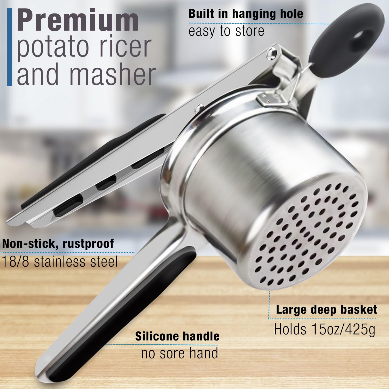 Potato Ricer, AITRAI Large 15oz Potato Ricer and Masher Heavy Duty Stainless Steel with 3 Interchangeable Discs for Smooth and Fluffy Mashed Potatoes, Puree, Fruit Juice, Baby Food - Image 3