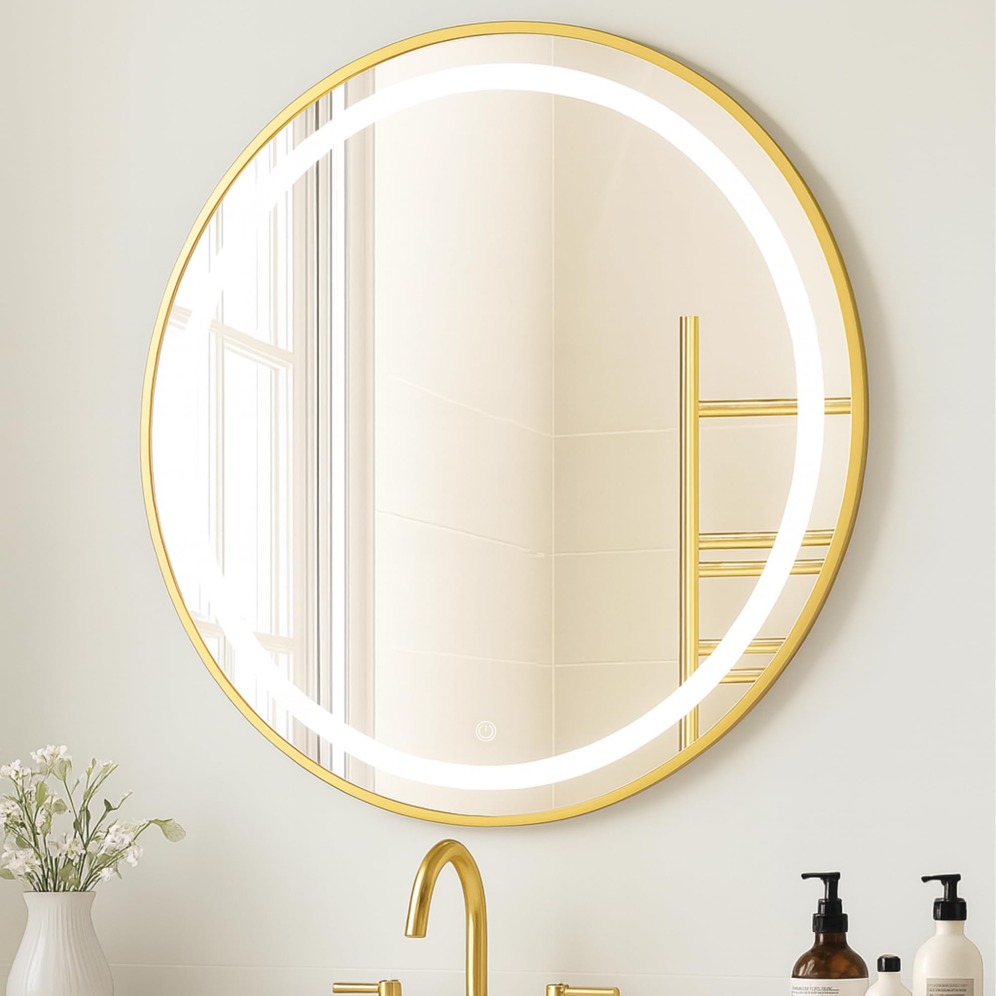 SensaHome Miroir de Salle de Bain Rond à LED – Miroir Mural avec Éclairage Réglable – Cadre en Métal – 2700K/4500K/6400K – 70 cm – Doré