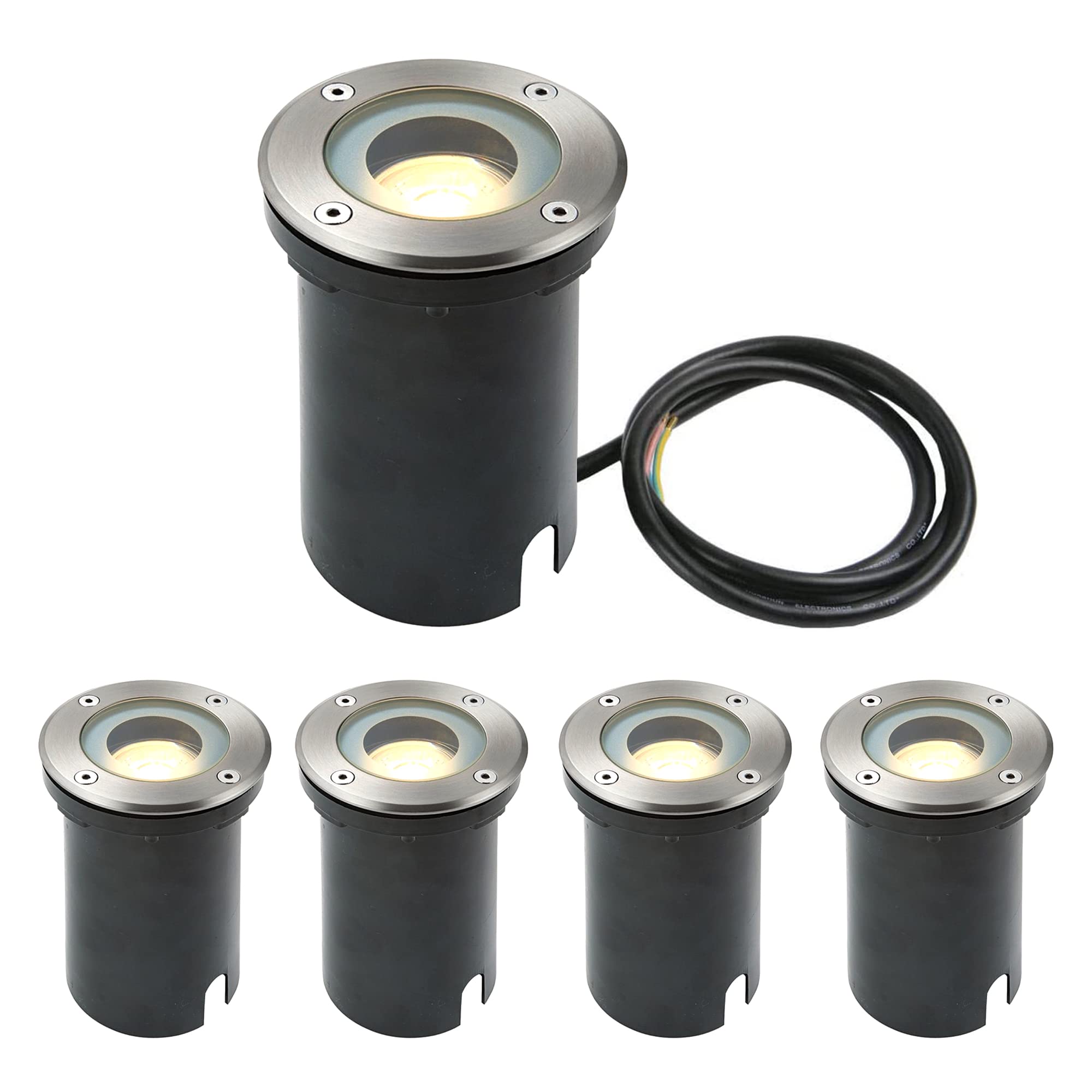 National Lighting Stainless Steel (Round) Buried Uplighters - Pack Of 4 Recessed Ground Lights - Ip65 Weatherproof Walk Over Decking Lights - Round Outdoor Lights - 50W 240V Halogen Or Led Gu10 (Not Included)