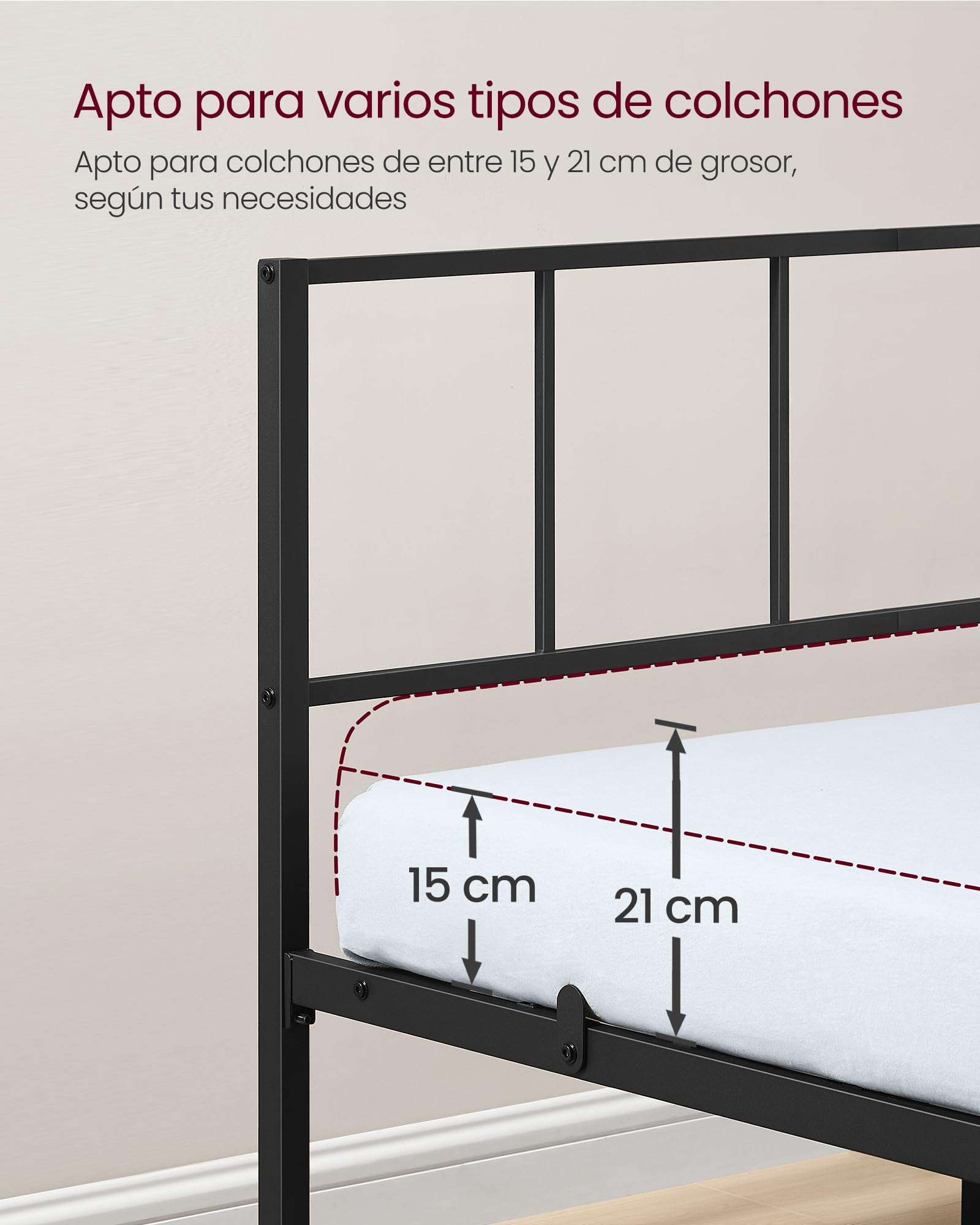 VASAGLE Cama de Matrimonio, 135 x 190 cm, Cabecero, Marco de Metal, Carga de 500 kg, Montaje Fácil, para Dormitorio, Negro Tinta RMB296B101