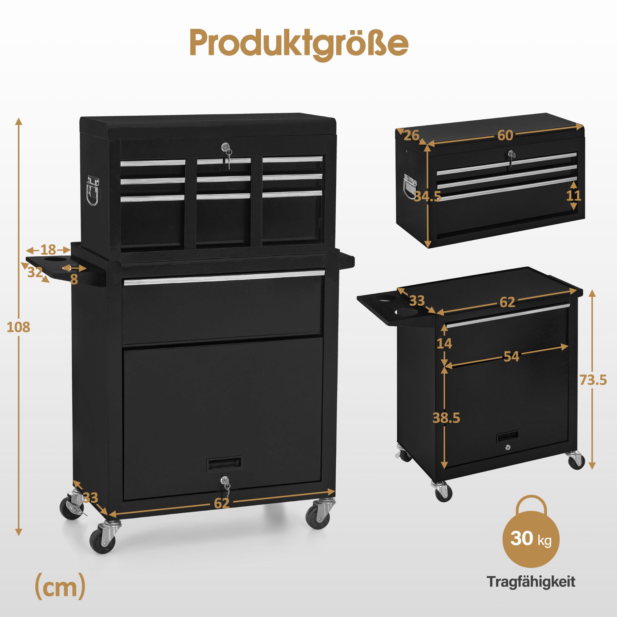 BarberPub 2 in 1 Friseurwagen mit 5 Schubladen & Schrank, abschließbar, Metall, Schwarz-Silber
