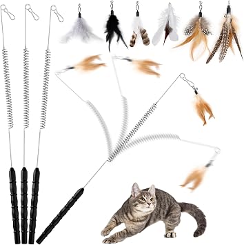 ROSAUI Integrated Molded Cat Cat Bowl, Set of 4, Reinforced Steel Wire & Spring Construction, 7 Replacement Feathers, Long Lasting, Safe Design, Improved Durability