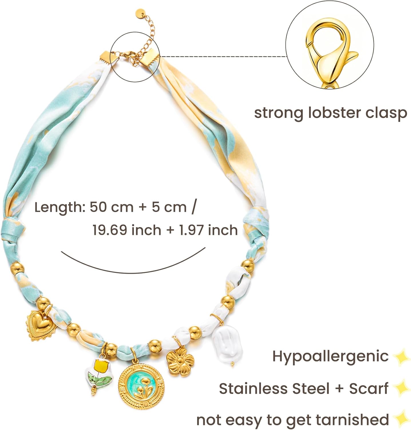 Harlermoon Scarf Necklace Heart Flower White Pink Blue Adjustable Bandana Choker Silk Western for Women Boho Beach Ceramic Jewelry - Image 2