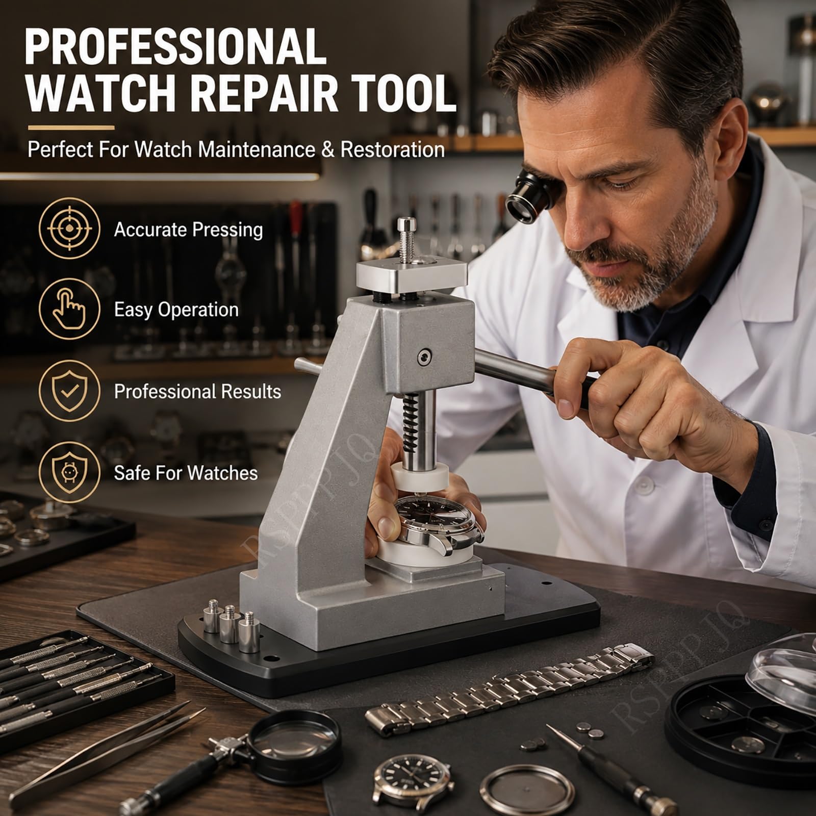 Kit de Herramientas de Prensa de Reloj con 25 Troqueles, laminador de Cristal de Fondo de Caja, for Abrir/Cerrar respaldos y reemplazar Banda/batería/Espejo for Relojes de 0,63 a 1,73 Pulgadas