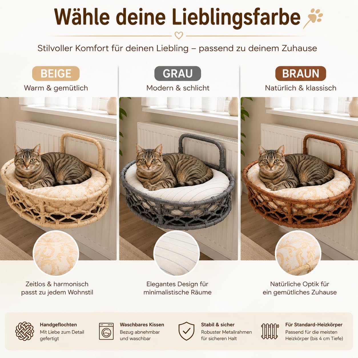 Generisch La Tahzen Heizkörperbett für Katzen, Bettkantenbett mit weicher Liegefläche, platzsparend, 43x43 cm, 3 Farben (Braun)