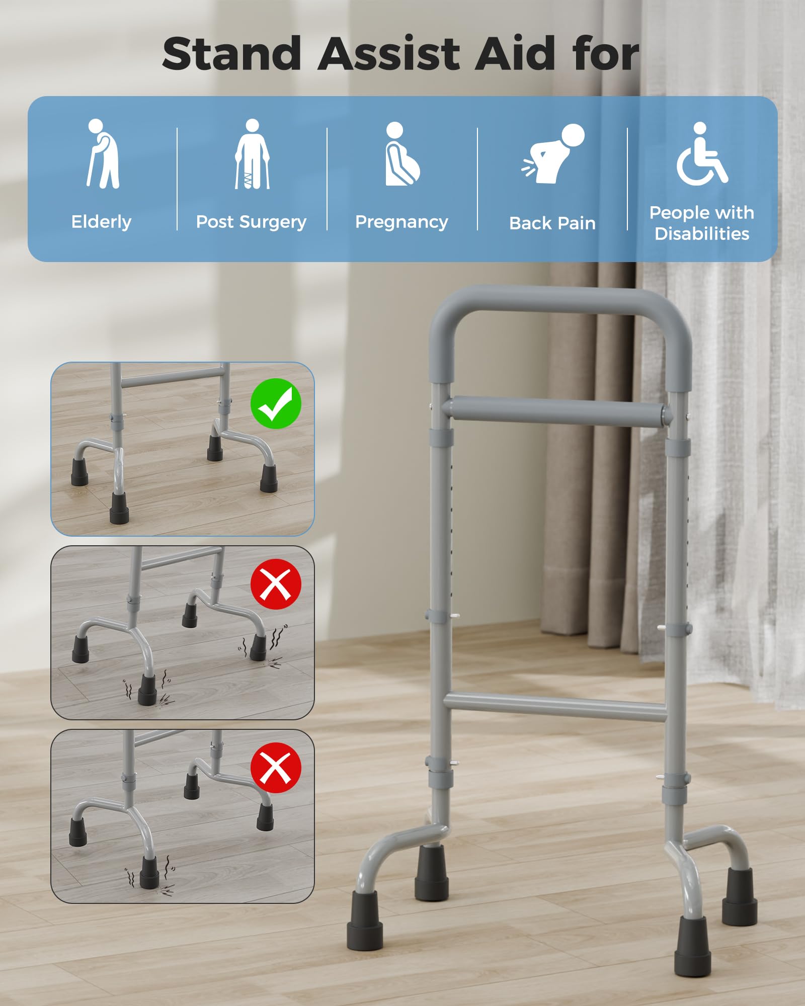 Ayuda de pie para ancianos, ayuda para caminar, ayuda para la movilidad, ayuda de pie ajustable para el equilibrio, dispositivo de asistencia portátil para movilidad de ancianos, gris