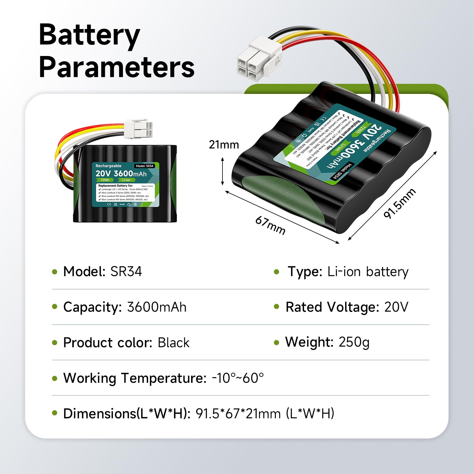 20V 3500mAh Akku für Worx Landroid S Basic, S450i, S500, WA3230, WR101SI, WR102SI, WR105SI, WR105si.1, WR106 SI, WR106SI, WR115mi, Landxcape LX7 / LX9 Series, 50032492, Ferrex 800m2 2021