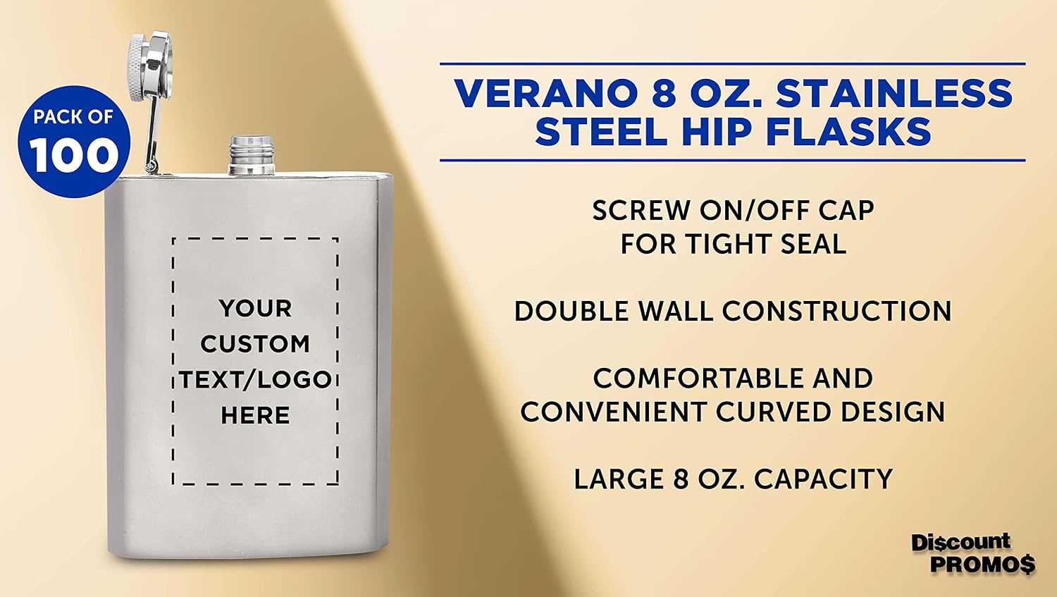 Custom Verano Stainless Steel Hip Flasks 8 oz. Set of 100, Personalized Bulk Pack - Great for Wedding Party Gift, Groomsmen Gifts, Outdoor Activities - Silver