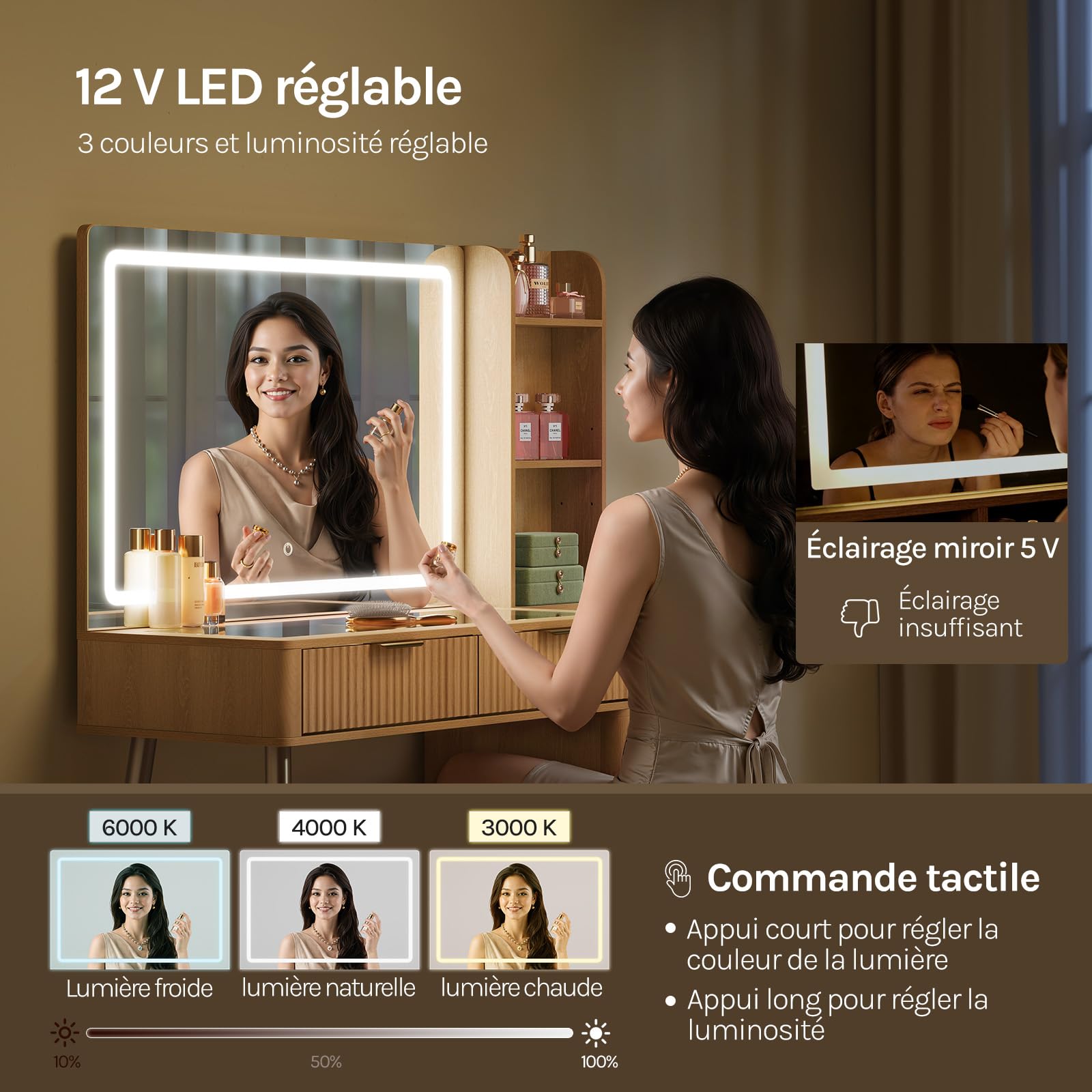 WOLTU Coiffeuse avec Grand Miroir LED, Éclairage Réglable, Multiprise, Plateau en Verre Trempé, Table Maquillage avec 2 Tiroirs à Diviseur Amovible, Armoire Latérale, Casiers Ouverts, Style Chêne