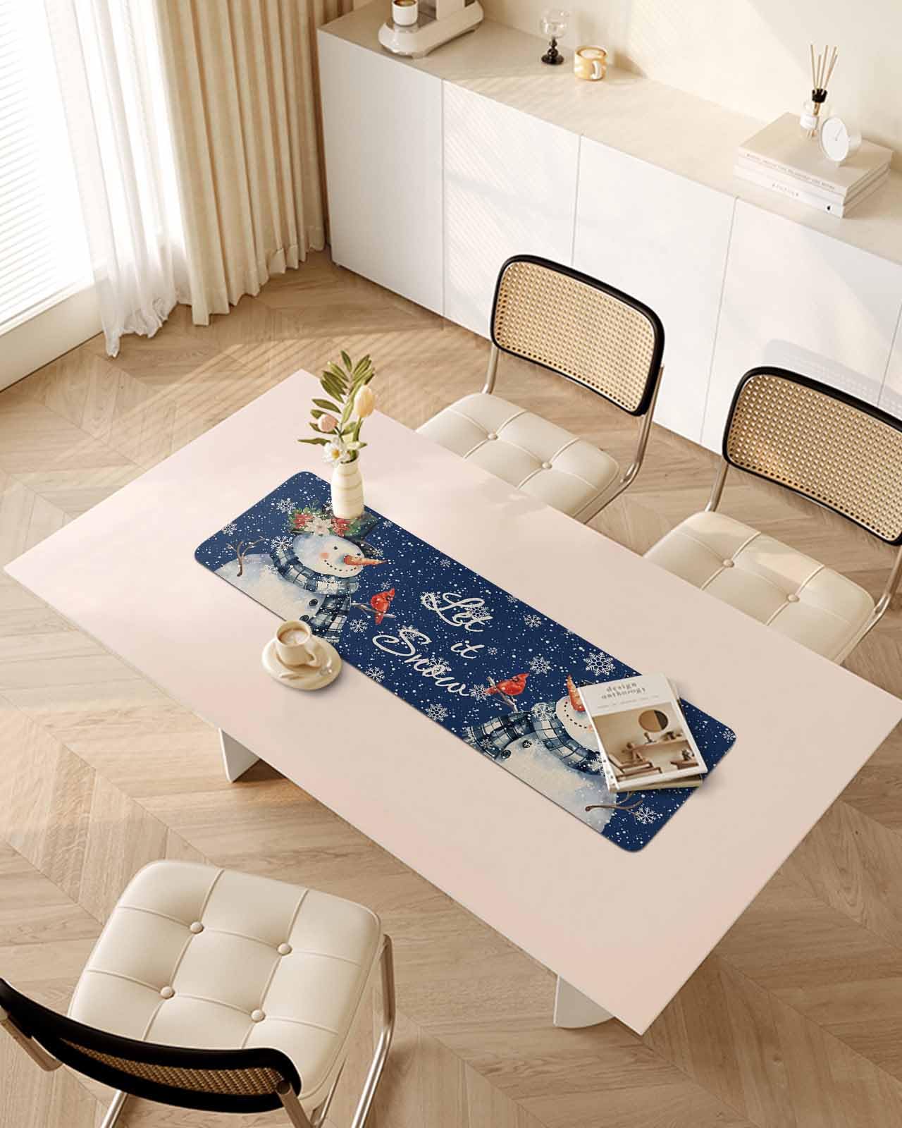 Debedcor Heat Proof Table Pads Waterproof Decorative, Blue Christmas Non-Slip Table Countertop Protector, Farmhouse Snowman Snowflakes Insulation Mat for Dining Room, 48 x 12 Inches