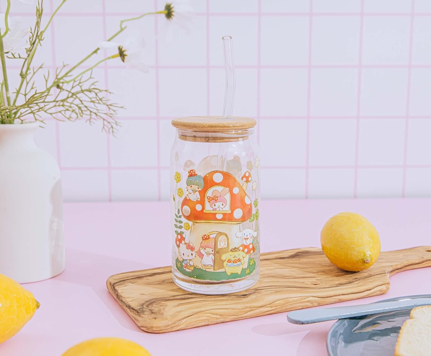 Silver Buffalo Sanrio Hello Kitty and Friends Mushroom Crew Glass Tumbler With Bamboo Lid and Reusable Glass Straw | Holds 16 Ounces - Image 5