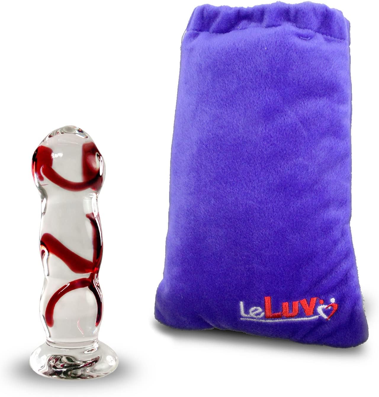 LeLuv Glass Dildo Veiny Texture Short Shaft Flat Base with Embroidered Padded Pounch - Red