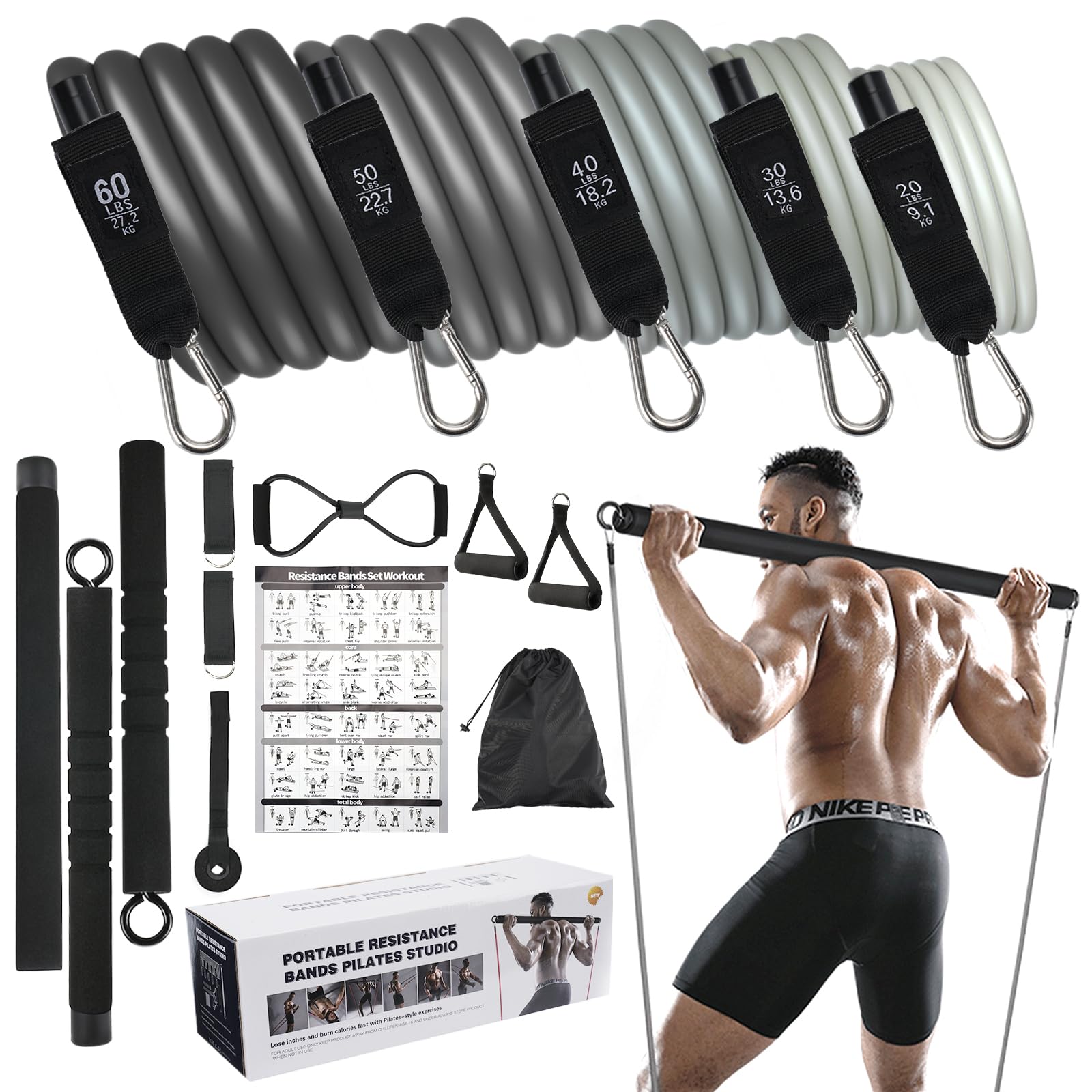M MOACC Pilates Bar Set with 5 Latex Resistance Bands, Portable Home Workout Fitness Equipment