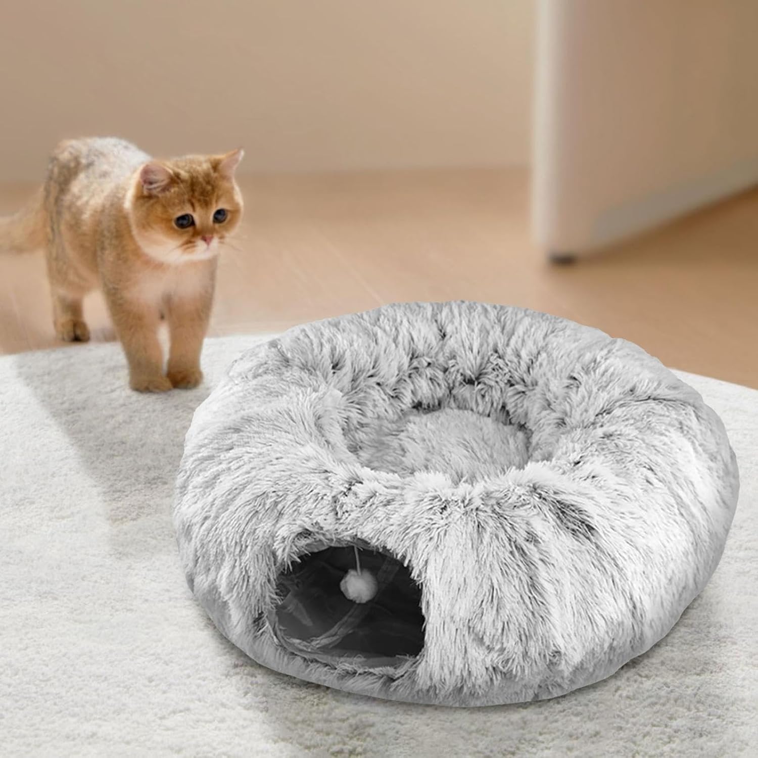 Cat Tunnel Bed for Indoor Cats, Soft Cute Cat Donut Tunnel with Washable Circle Cushion, Multifunctional Cat Playground Toys, Round Pet Play Tunnel Toy for Kitten/Puppy/Rabbit (Grey)