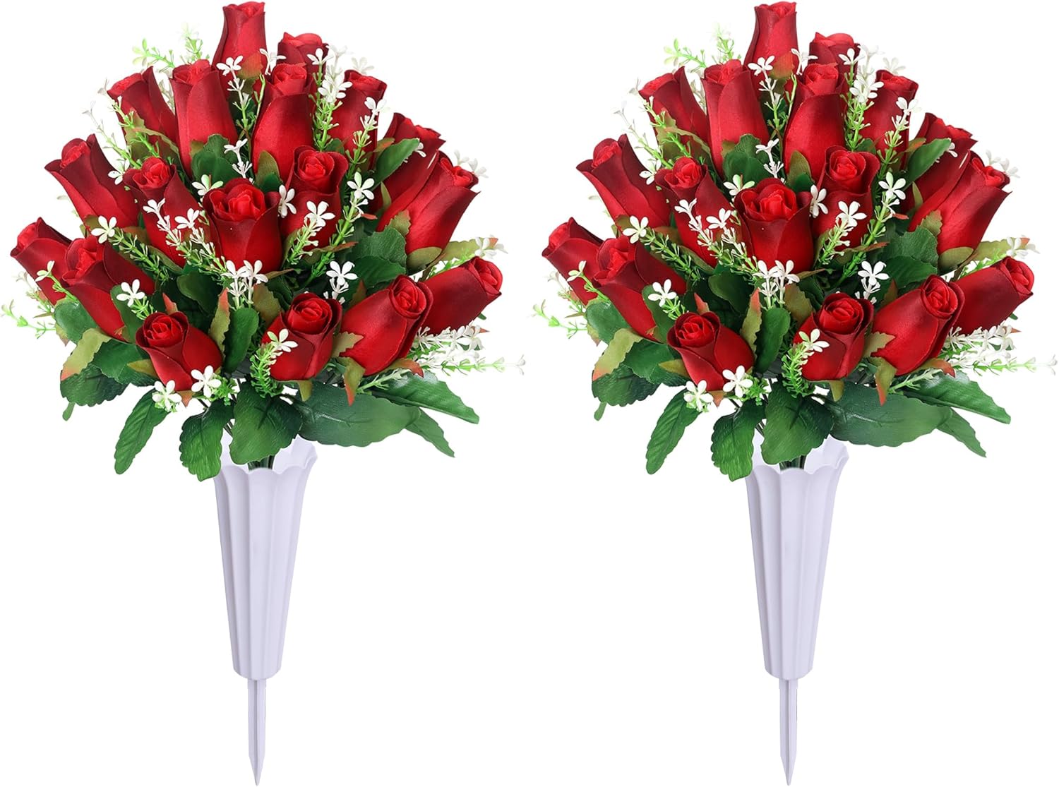 Artificial Cemetery Flowers for Grave,2Pack Memorial Roses Bouquets with Vase for Grave Tombstone Decorations (Red)
