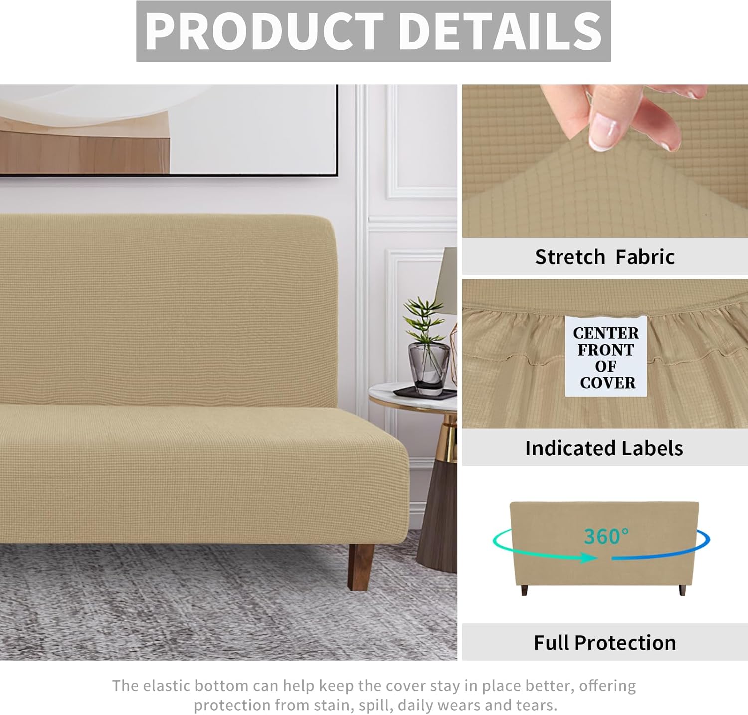 Easy-Going 100% Waterproof Futon Cover, Dual Waterproof Couch Cover for Futon, Stretch Jacquard Sofa Cover, Leakproof Furniture Protector for Kids, Pets, Dog and Cat (Medium, Sand)