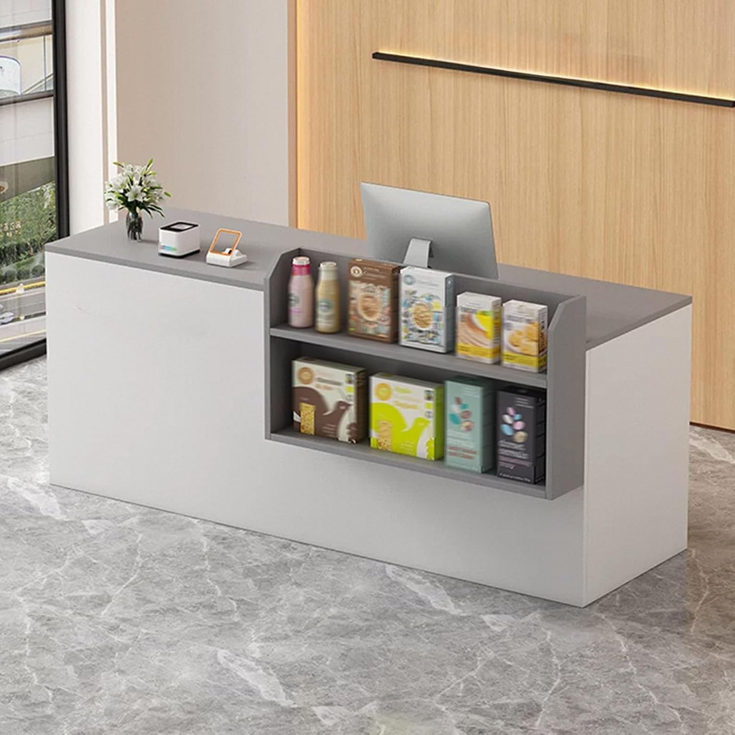 Reception Desk, Reception Desk with Counter, Counter Desk, Front Desk with Display Shelves, Retail Checkout Counter Table for Shop, Salons, Retail, Reception Room(White+Gray B,140cm/55.1in)