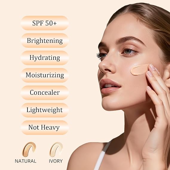 O'CHEAL CC Cream with SPF 50+, Hydrating Color Correcting Cream Full Coverage Lightweight Powder Foundation, Waterproof Long Lasting Pre-makeup Primer Facial Concealer Refine Skin Texture (Natural)