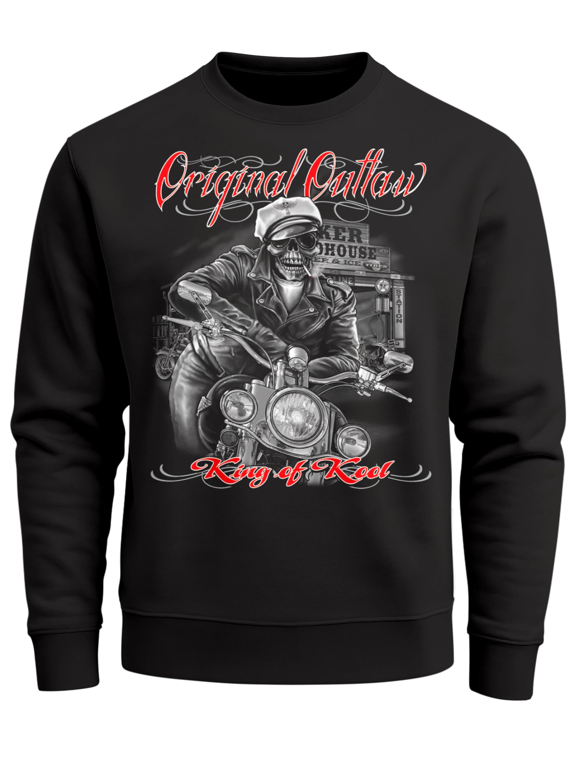 Neverless Herren Sweatshirt King of The Road Motorrad Biker Skelett Rockabilly