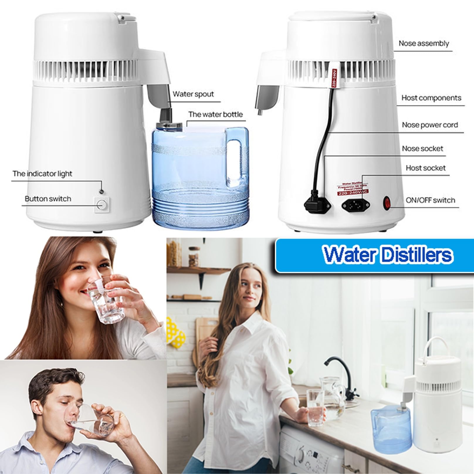 Máquina Destiladora De Agua De 4 litros, Destiladora De Agua Pura De 750W For Laboratorio, Encimera Doméstica, Oficinas, Clínica Dental