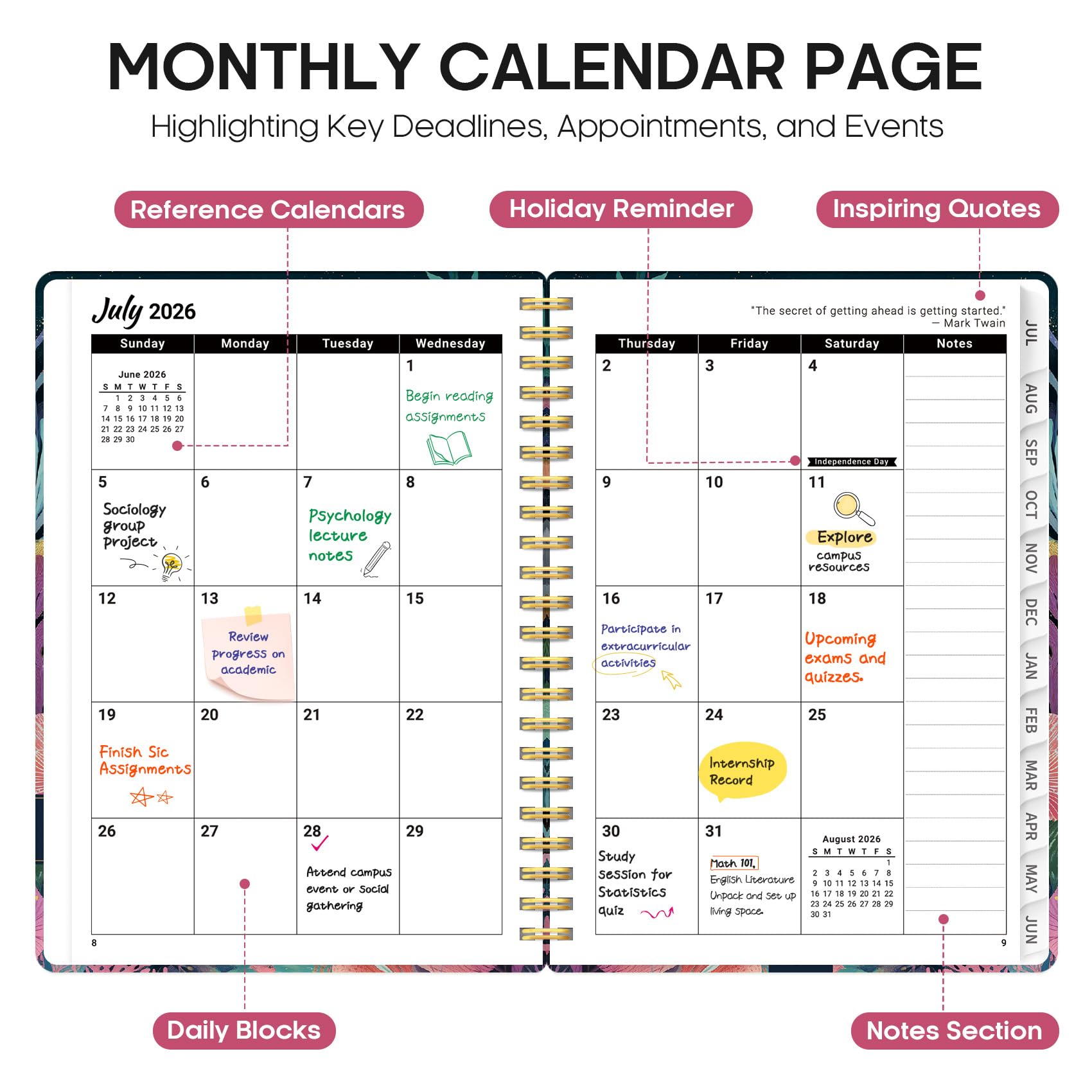 Planner 2026-2027, calendario accademico mensile e settimanale, da luglio 2026 a giugno 2027, copertina rigida per insegnanti, studenti, agenda con linguette, perfetto per forniture scolastiche e