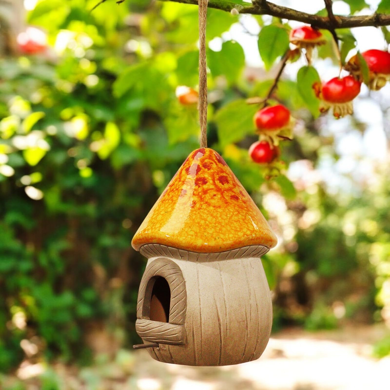 Orange Terracotta Mushroom Bird House – Decorative Hanging or Freestanding